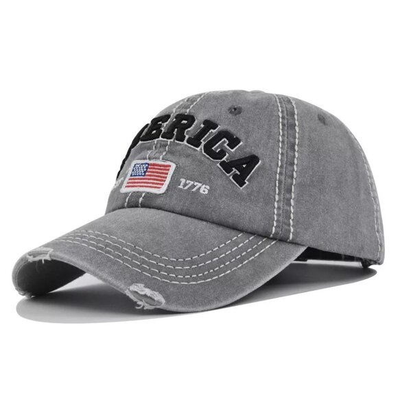 Gray American Distressed Baseball Cap, 1776‎ American Flag USA, Men's Women - Picture 1 of 5